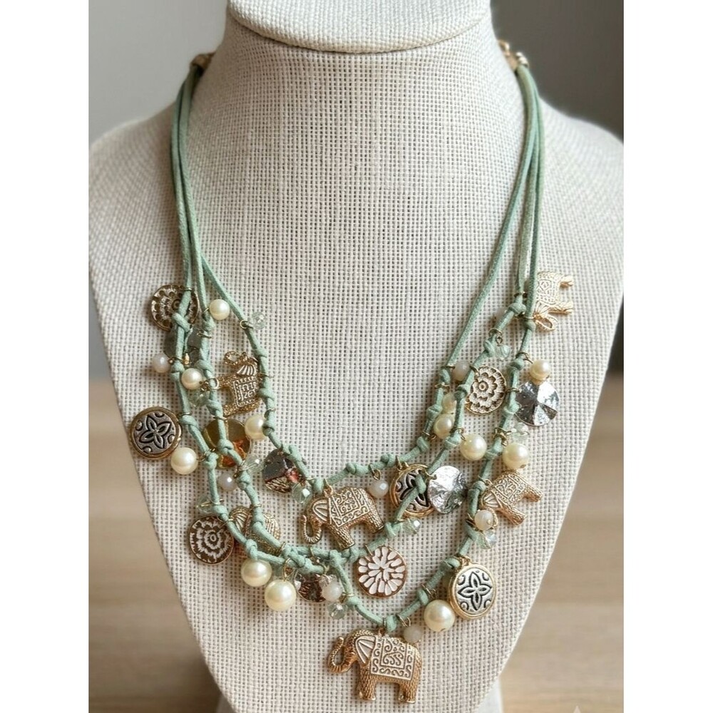 Bella Jack Boho Sage Green Multi-Strand Elephant Charm Statement Necklace